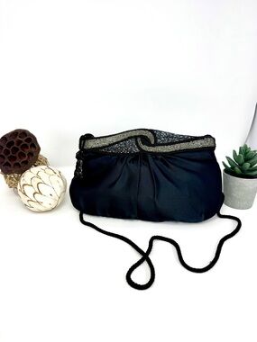 Vintage Black Evening Crossbody Bag with Beaded Trim